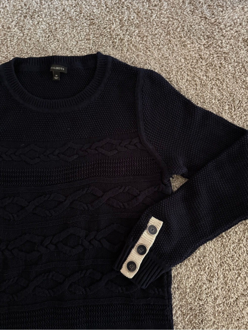 Talbots Navy Cable Knit Crewneck Sweater with Button Cuff